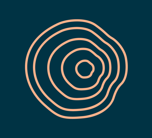 Abstrakt linjeteckning av koncentriska cirklar i orange på en mörkblå bakgrund.